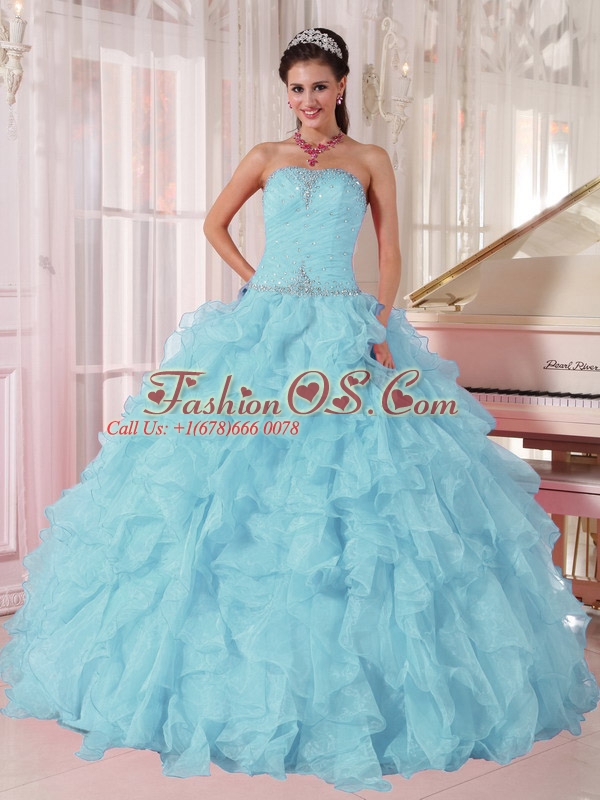 2014 Low Price puffy Light Blue Sweet 16 Dresses with Beading and Ruffles