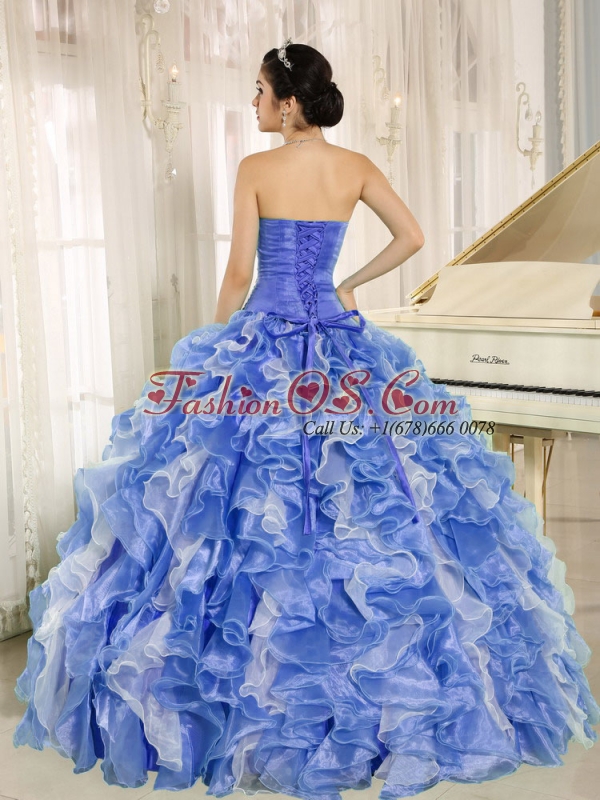 Beaded Bodice and Ruffles Custom Made Blue and White Discount Quinceanera Dresses