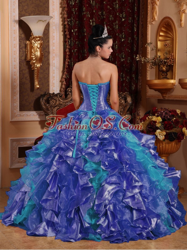 Cheap Ball Gown Blue Unique Quinceanera Dresses with Strapless Floor-length Organza Embroidery