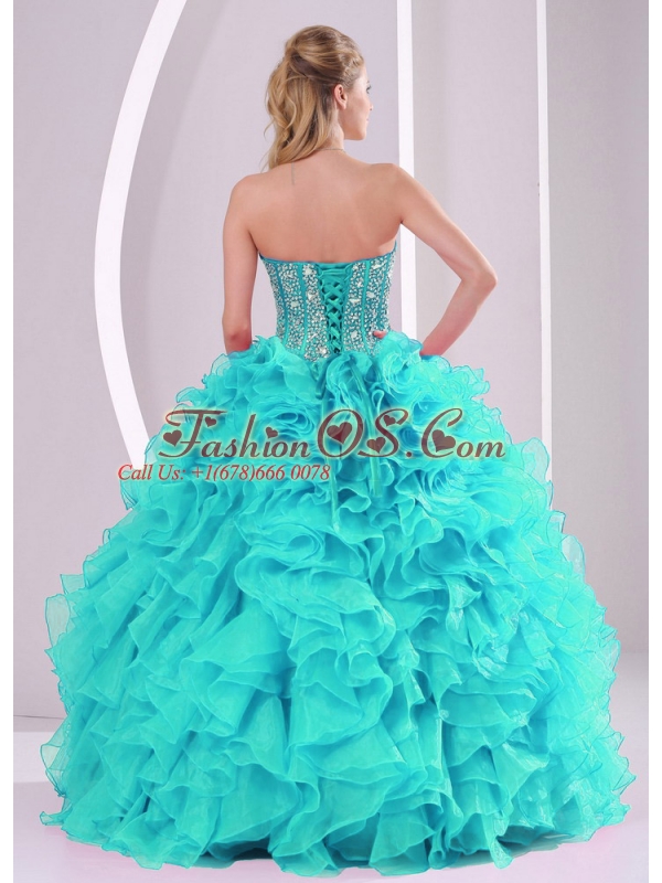 Elegant Aqua Blue Ball Gown Sweetheart Ruffles and Beaded Decorate Sweet 16 Dresses in Sweet