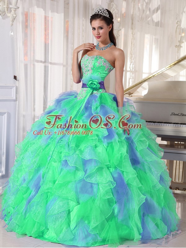 Green and Blue Sweetehart Ruffles and Appliques Popular Quinceanera Dresses