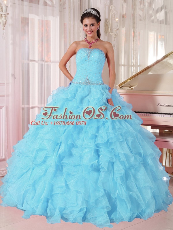 Light Blue Ball Gown Strapless Ruffles Organza Beading Popular Quinceanera Dresses
