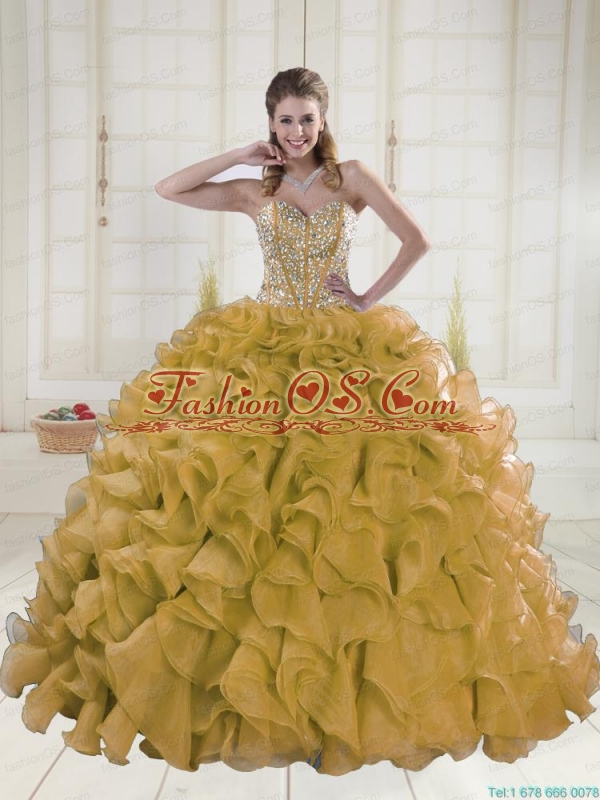 2015 Spring Sweetheart Brush Train Beading Gold Quinceanera Dress