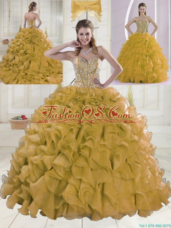 2015 Spring Sweetheart Brush Train Beading Gold Quinceanera Dress