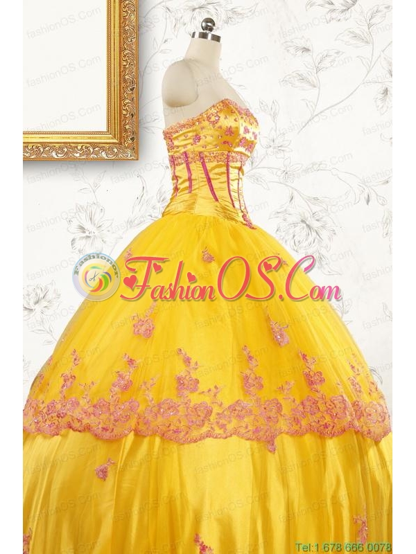 Gold Strapless Beautiful Quinceanera Dresses with Appliques