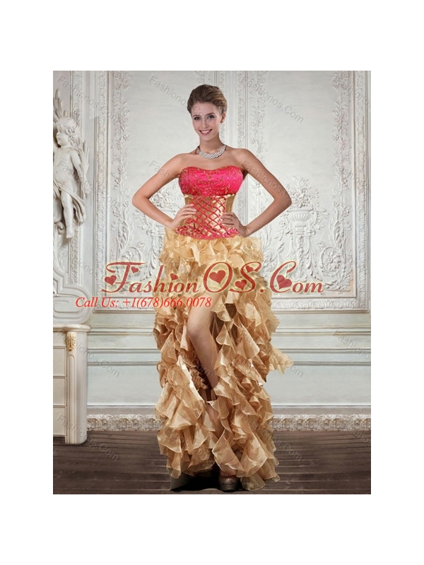 2015 Gold Strapless Quince Dress with Beading and Embroidery