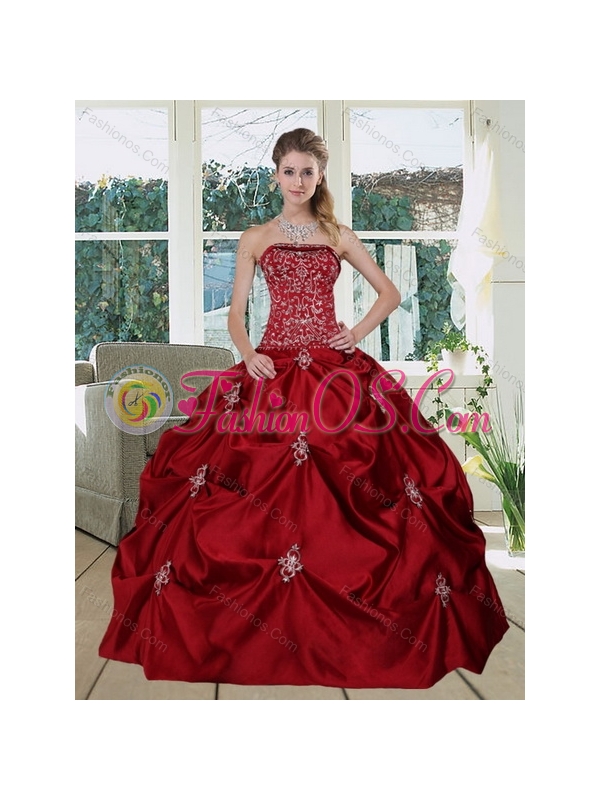 Detachable Wine Red Strapless Quinceanera Gown with Embroidery