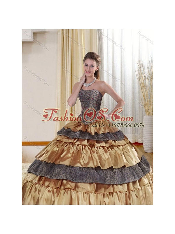 Gold Strapless Leopard 2015 Quinceanera Dress with Ruffled Layers and Beading