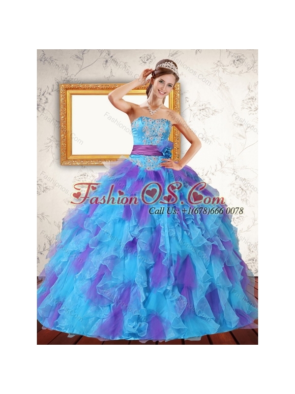Multi Color Strapless Quinceanera Dress with Ruffles and Sash