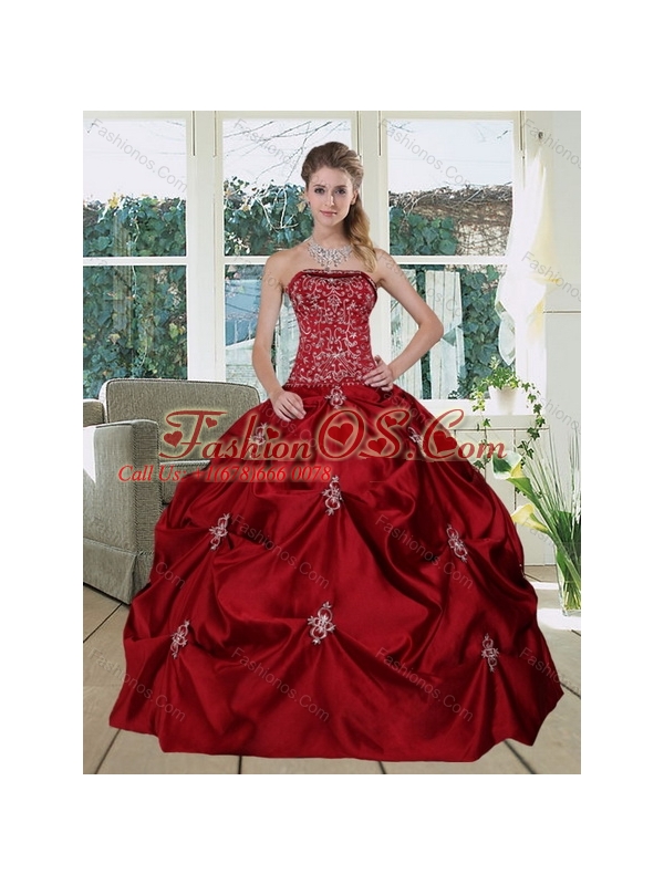 Pretty Wine Red Strapless Quinceanera Gown with Embroidery and Pick Ups