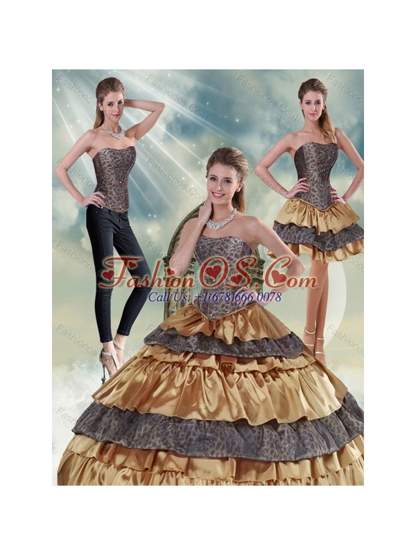 2015 Popular Strapless Leopard Gold Quince Dress with Ruffled Layers and Beading