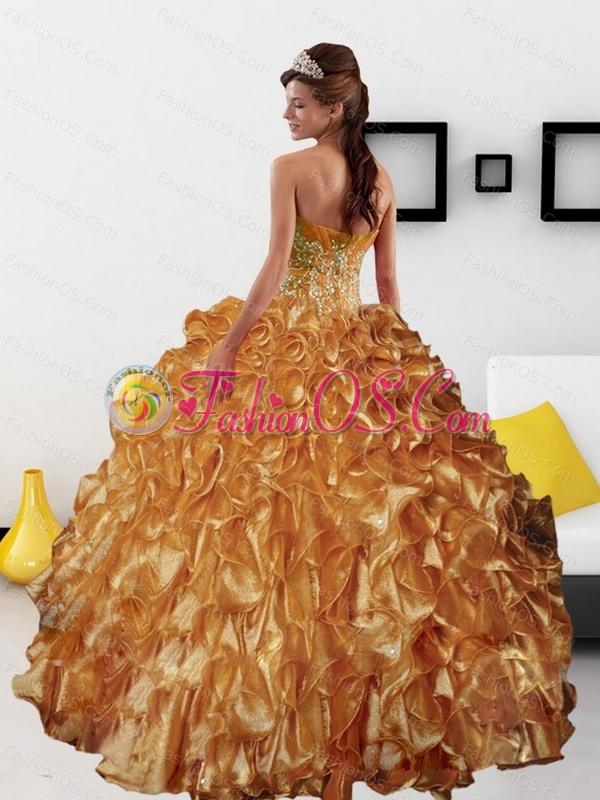 Sturning Appliques and Ruffles 2015 Sweet 16 Dress in Gold