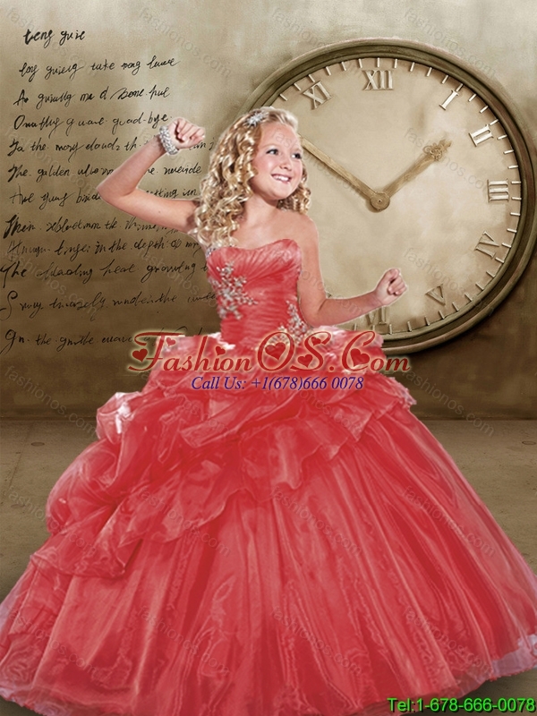 2016 Spring Perfect Strapless Red Little Girl Pageant Dress with Appliques and Pick-ups