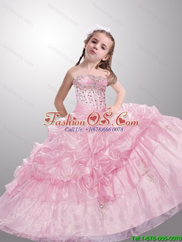 New Style 2016 Summer Strapless Baby Pink Little Girl Pageant Dress with Beading and Pick-ups