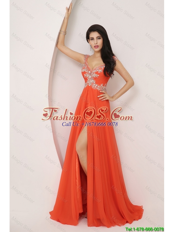 New Arrivals Brush Train Prom Dresses with High Slit and Beading