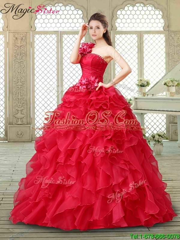 2016 Spring Beautiful One Shoulder Ruffles Quinceanera Gowns in Red