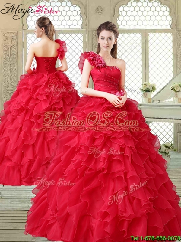 2016 Spring Beautiful One Shoulder Ruffles Quinceanera Gowns in Red