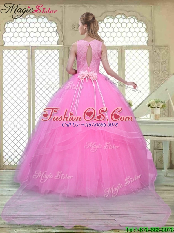 Popular Scoop Hand Made Flowers Quinceanera Dresses with Brush Train