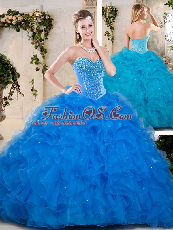 2016 Popular Beading and Ruffles Quinceanera Dresses in Blue