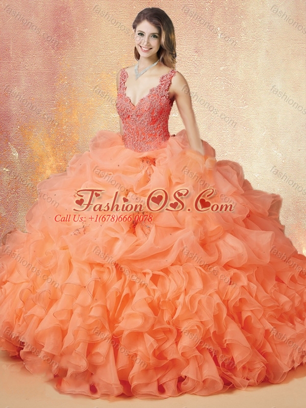 Discount V Neck Beading and Ruffles Sweet 16 Quinceanera Dresses with Brush Train