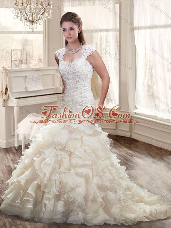 2016 New Ruffles Straps Wedding Dresses with Cap Sleeves