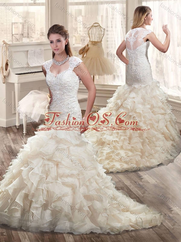 2016 New Ruffles Straps Wedding Dresses with Cap Sleeves