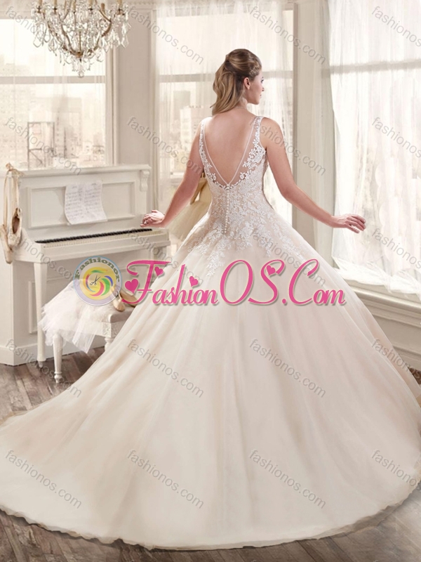 2016 New Style Bateau Court Train Appliques Wedding Dresses in Champagne