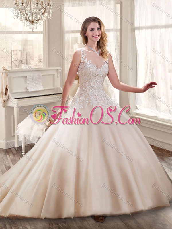 2016 New Style Bateau Court Train Appliques Wedding Dresses in Champagne