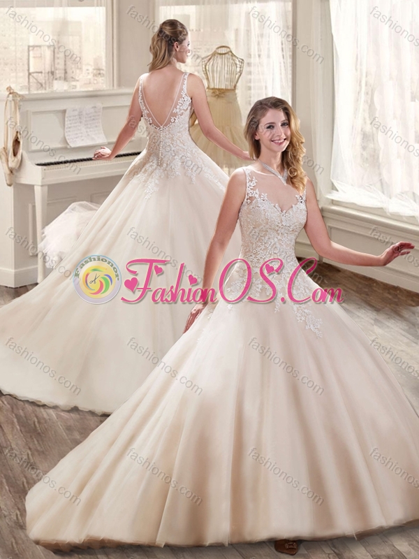 2016 New Style Bateau Court Train Appliques Wedding Dresses in Champagne