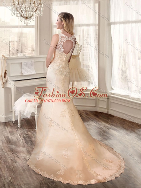 Beautiful Scoop Champagne Wedding Dresses with Appliques 2016