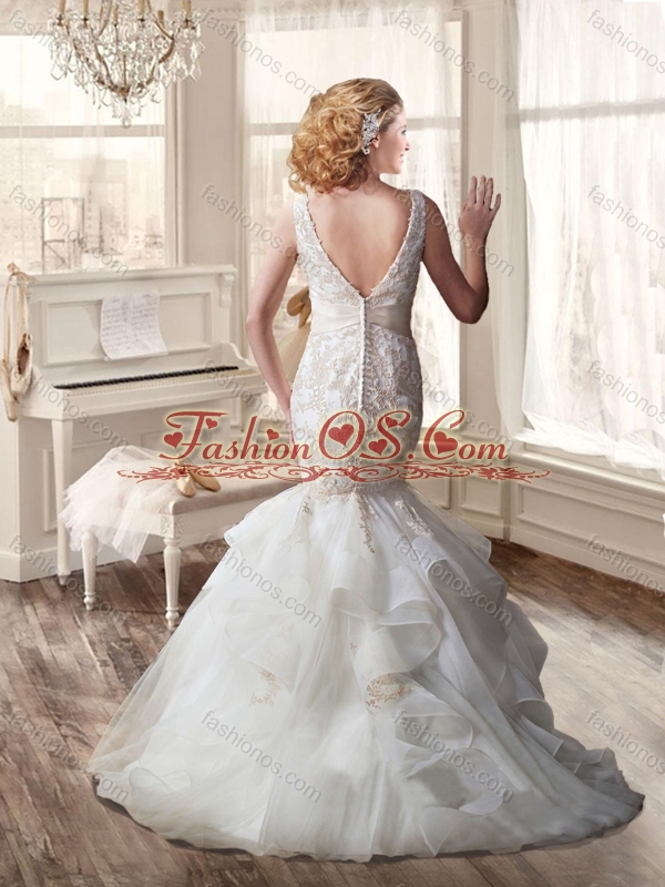 Mermaid V Neck Lace and Belt Wedding Dresses with Brush Train 2016