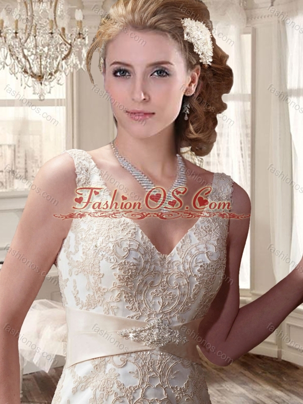 Mermaid V Neck Lace and Belt Wedding Dresses with Brush Train 2016