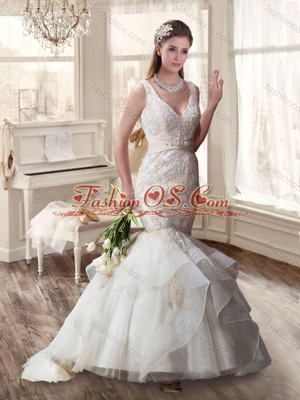 Mermaid V Neck Lace and Belt Wedding Dresses with Brush Train 2016