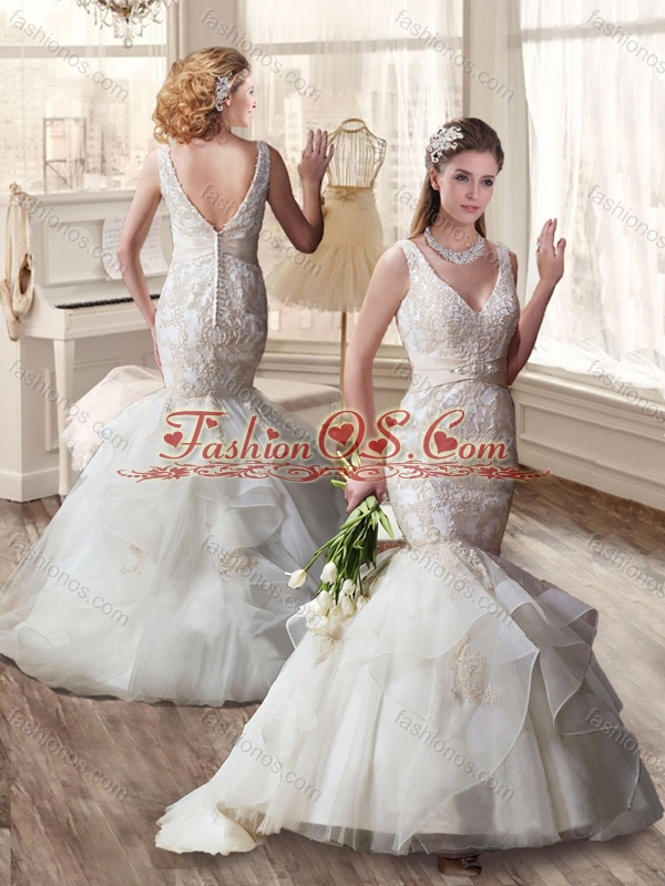 Mermaid V Neck Lace and Belt Wedding Dresses with Brush Train 2016
