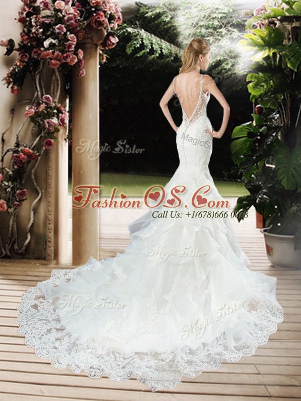 2016 Elegant Straps Beaded and Lace Wedding Dresses with Court Train