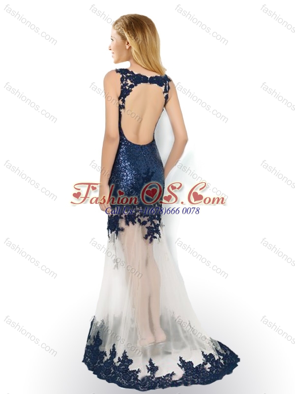 Beautiful Sequined and Applique Navy Blue Prom Dress with Brush Train
