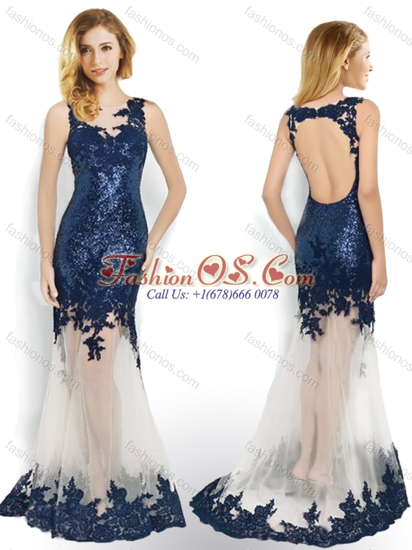 Beautiful Sequined and Applique Navy Blue Prom Dress with Brush Train
