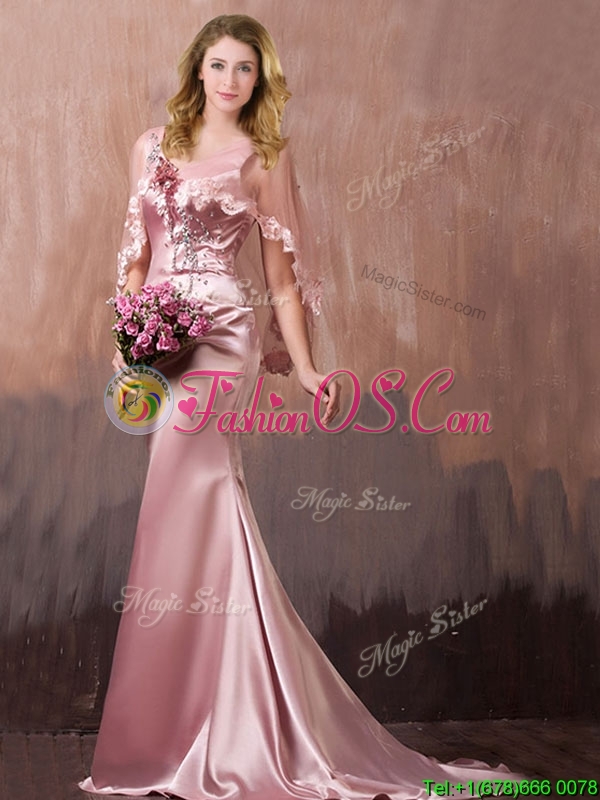 Gorgeous Mermaid V Neck Beaded Prom Dress with Brush Train