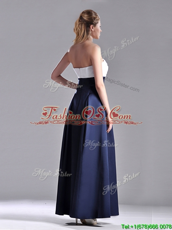 Elegant Strapless Ankle Length Bridesmaid Dress in Navy Blue and White