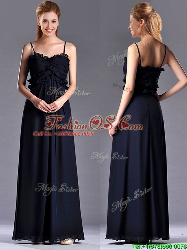 Simple Empire Straps Chiffon Ruching Navy Blue Bridesmaid Dress for Holiday