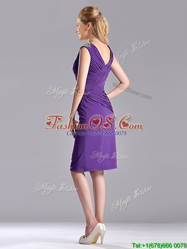 Cheap Column V Neck Knee-length Short Mother of the Bride Dress in Purple
