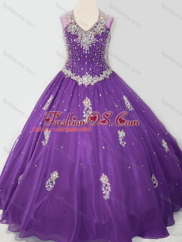 Cheap Ball Gown V Neck Organza Beaded and Applique Mini Quinceanera Dress in Purple