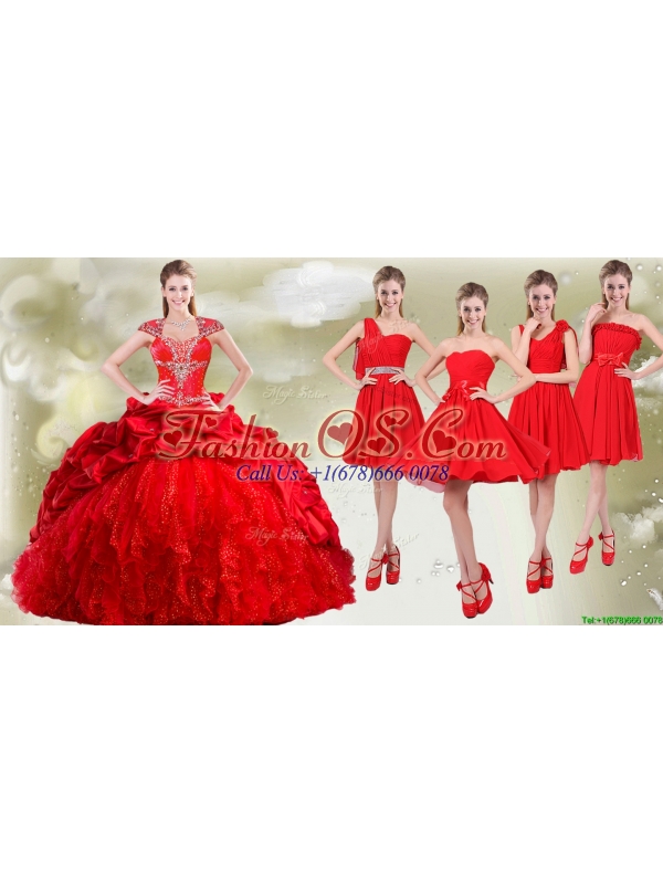 Popular Cap Sleeves Quinceanera Dress and Beautiful Chiffon Short Dama Dresses in Red