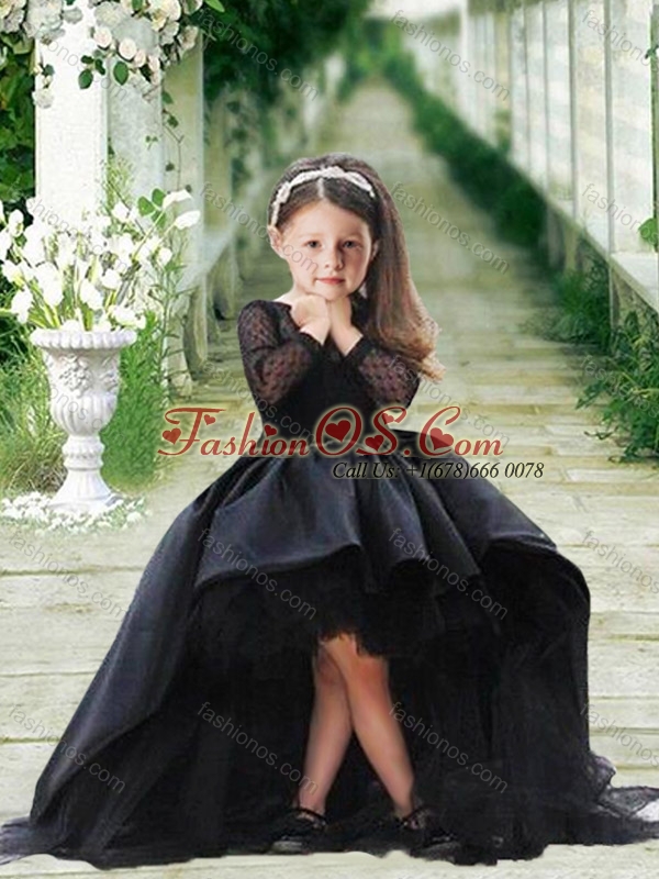 Romantic See Through Long Sleeves Flower Girl Pageant Dress in Navy Blue