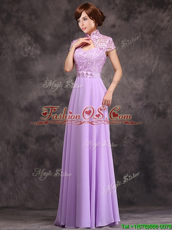 Low Price High Neck Cap Sleeves Lavender Long Prom Dress