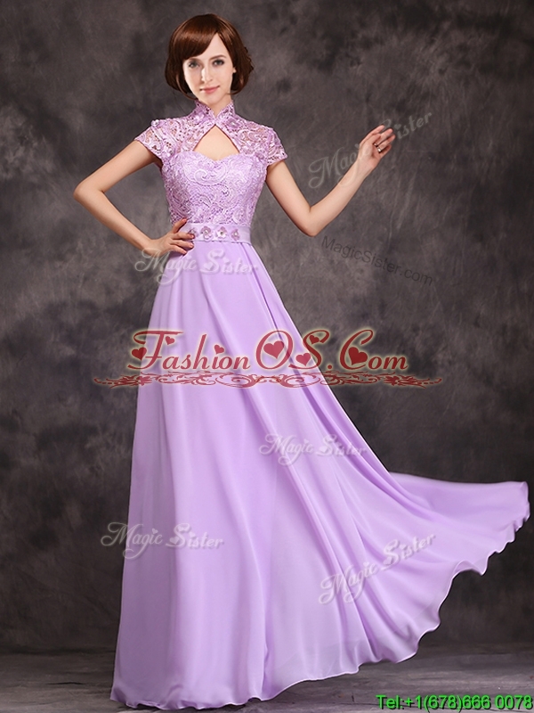 Low Price High Neck Cap Sleeves Lavender Long Prom Dress