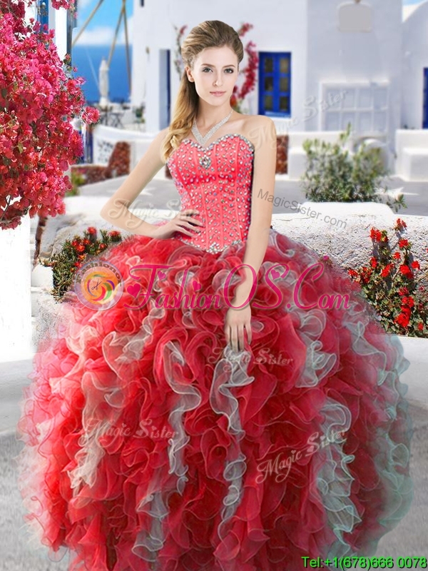 2016 Popular Beaded and Ruffled Detachable Quinceanera Dresses in Red and Grey