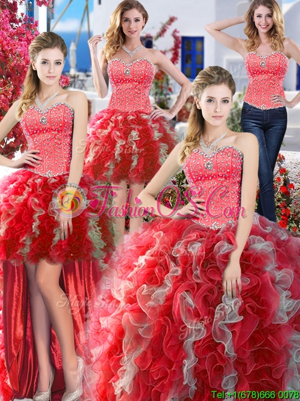 2016 Popular Beaded and Ruffled Detachable Quinceanera Dresses in Red and Grey