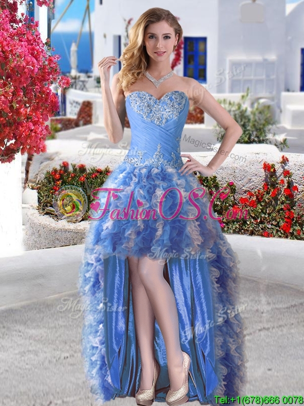 Comfortable Applique and Ruffled Detachable Quinceanera Dresses in Blue and White