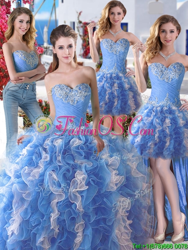 Comfortable Applique and Ruffled Detachable Quinceanera Dresses in Blue and White